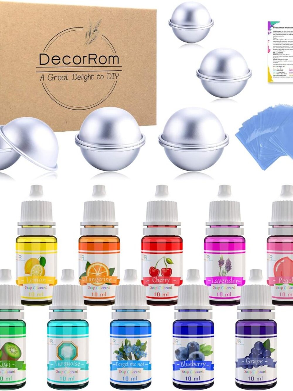 Bath Bomb Mold Set with Soap Colorant, Shrink Wrap Bags - Skin Safe Food Grade S